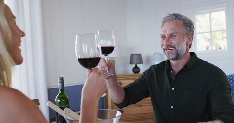 Happy Mature Couple Enjoying Wine Meal Together Laughing