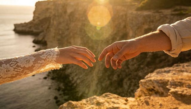 Couple reaching hands over coastal cliff at golden hour with lace sleeve and lens flare