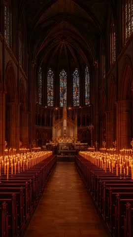 Vertical video flickering candlelight along gothic cathedral aisle, stained glass backdrop