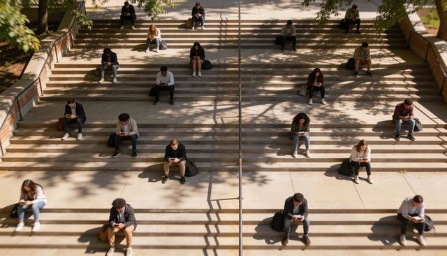 College students sitting on outdoor steps practicing social distancing using smartphones