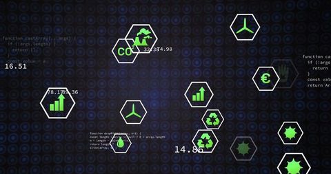 Green hex icon dashboard displaying sustainability metrics, co2, renewables and analytics