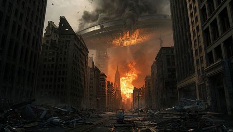 Giant UFO Hovering Over Flaming Urban Landscape During Alien Invasion