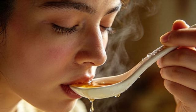 Serene woman sipping steaming soup from white ceramic spoon profile, warm amber light