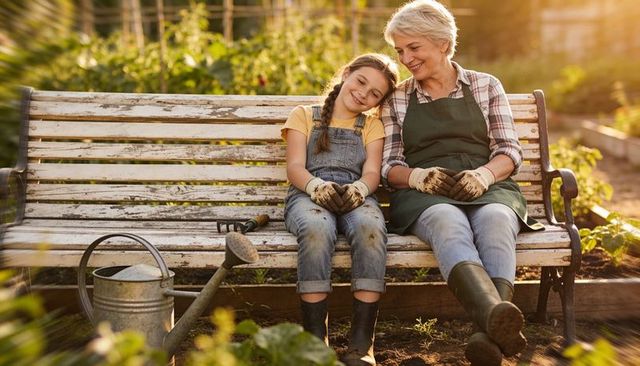 Grandmother and granddaughter gardening together on sunlit wooden bench in backyard