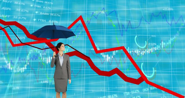 A businesswoman in formal attire stands with an umbrella, analyzing a steep downward trend in a financial graph. This image is useful for topics related to market crashes, financial instability, corporate strategy, economic downturns, and risk management.