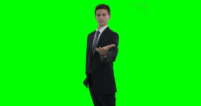 Businessman Holding Out Hand Against Green Screen Background - Download Free Stock Images Pikwizard.com