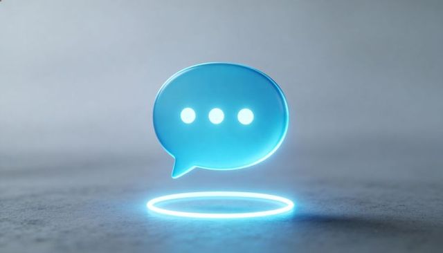 Hovering glowing cyan chat bubble with halo above textured gray minimal messaging icon