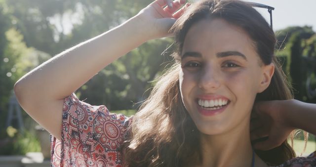 Happy Woman Enjoying Sunny Day Outdoors - Download Free Stock Images Pikwizard.com