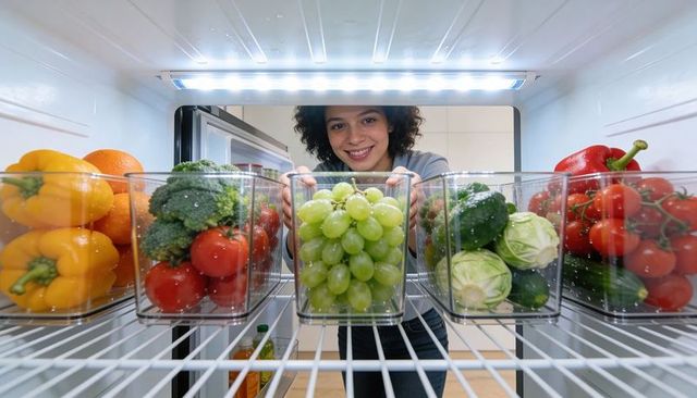 Smiling woman organizing colorful produce in refrigerator with clear storage bins