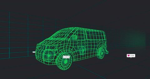 Futuristic wireframe van visualization in grid layout