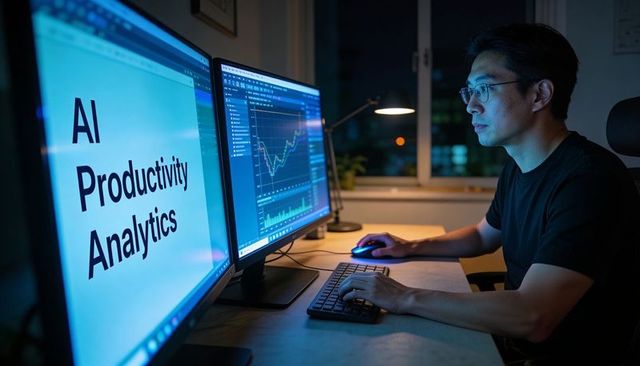 Asian Analyst Working Late Analyzing AI Productivity and Data Charts on Dual Monitors for Productivi