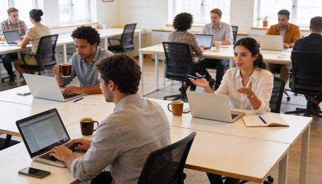 Woman Gesturing While Discussing Project in Modern Open Office with Coworkers and Laptops