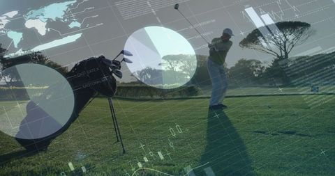 Golfer Analyzing Swing with Digital Infographics Overlay on Fairway