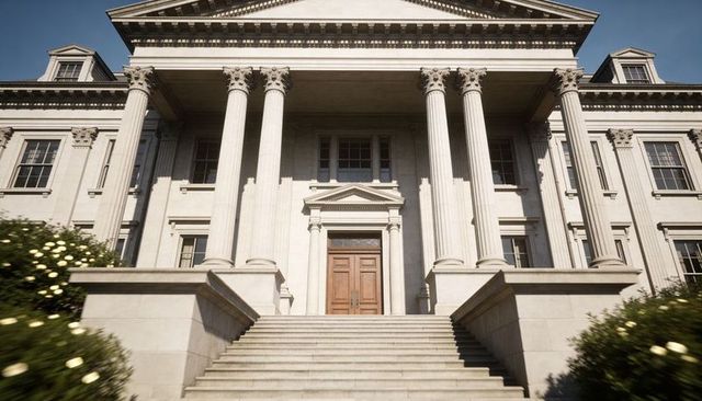 Neoclassical government building entrance with grand stone columns and wooden double doors