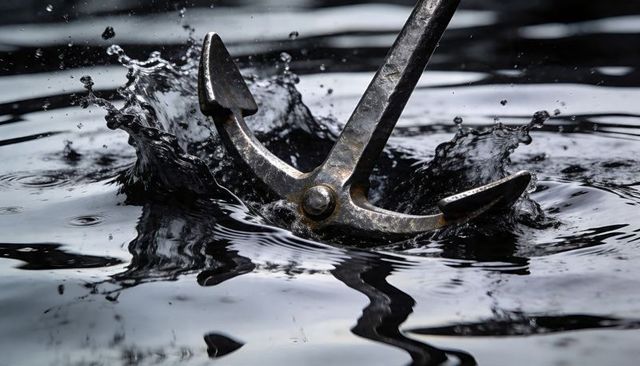 Glinting anchor plunging into dark water, splashing droplets and concentric ripples
