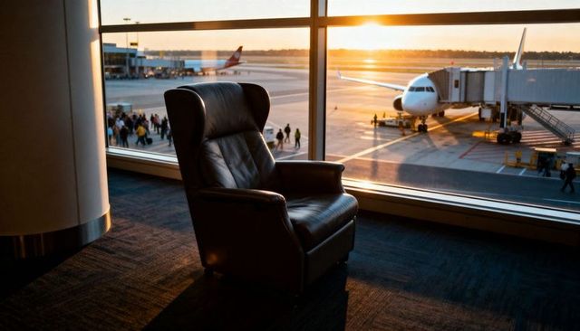 Sunrise airport lounge armchair overlooking jet at gate, warm backlit calm travel moment