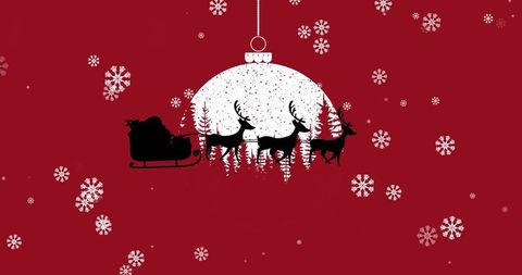 Santa flying sleigh with three reindeer silhouettes inside snowy bauble on festive red