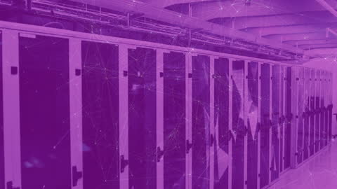 Digital Network Overlay on Data Server Cabinets in Pink Hue
