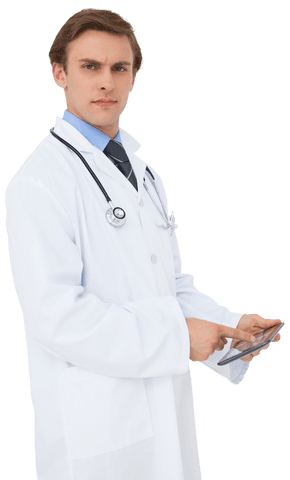 Transparent background: doctor using tablet for medical work