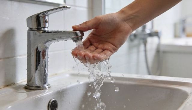 Adult hand catching flowing water from chrome faucet over bathroom sink closeup for handwashing