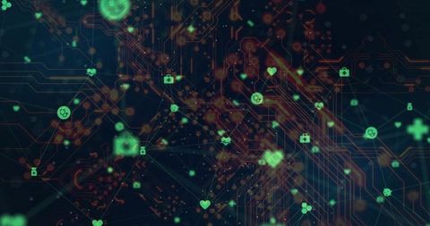 Pulsing Neon Data Network Flowing Over Virtual Circuit Grid with Glowing Icons and Traces