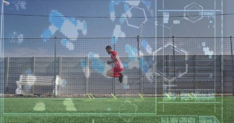 Soccer player training with futuristic molecular interface overlay