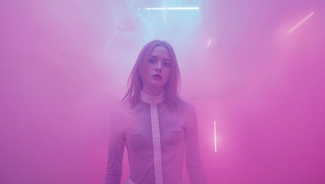 Woman in Neon Fog with Futuristic Mood and Avant-Garde Style
