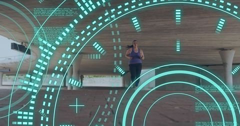 Digital Overlay on Woman Jogging in Urban Environment