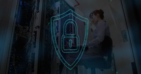 Cybersecurity concept with padlock icon and woman in server room