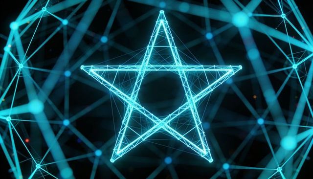 Hovering neon wireframe star in spherical network – glowing cyber mesh and holographic grid