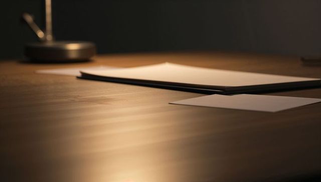 Warm wooden desk casting soft lamp light over white paper stack for minimalist home office