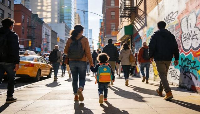 Parent and Child Walking Hand in Hand on Downtown Sidewalk with Colorful Graffiti and Taxi