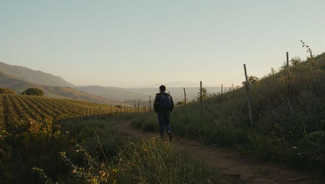 Solitary hiker walking vineyard trail at golden hour with backpack and rolling hills