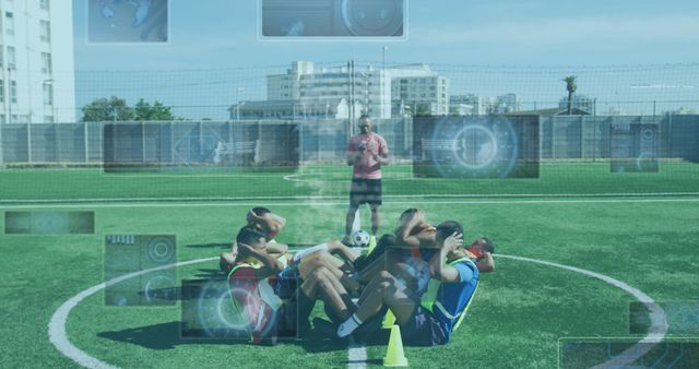 Soccer Players Doing Sit-ups with Futuristic Technology Overlay - Download Free Stock Images Pikwizard.com