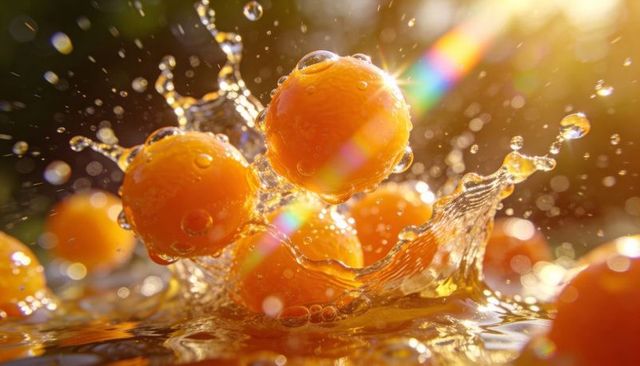 Sunlit kumquats splashing into sparkling water with rainbow flare and bokeh droplets