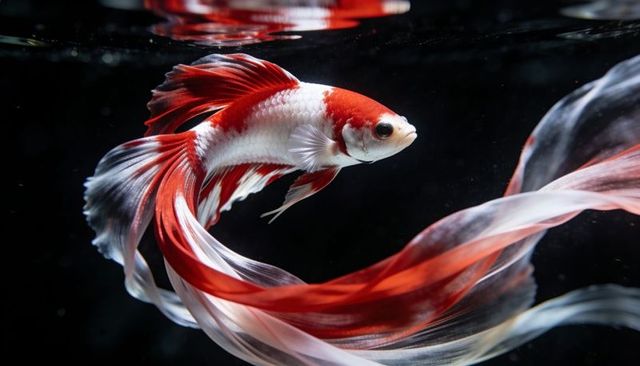 Red and white betta gliding with flowing ribbon fins over dark background, macro closeup