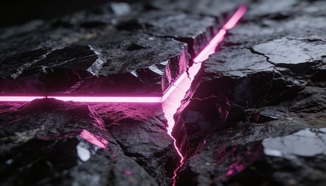 Neon magenta fissure cutting black rock slabs with pink glowing light, sci-fi macro detail