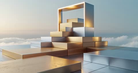 Surreal Metallic Staircase Entering Luminous Arch Above Clouds