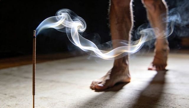 Burning incense stick with smoky plume and bare feet on rug for meditation ambience