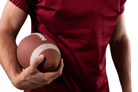 Caucasian male american football player holding ball on transparent background