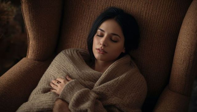 Young woman relaxing in chunky beige knit blanket on armchair, cozy intimate home portrait