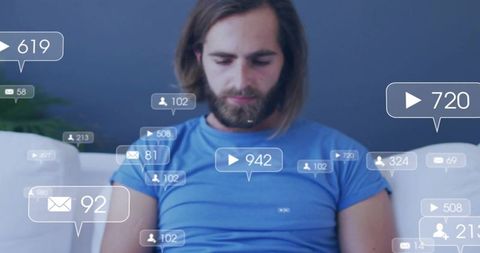 Bearded man scrolling smartphone with social media notifications and engagement icons