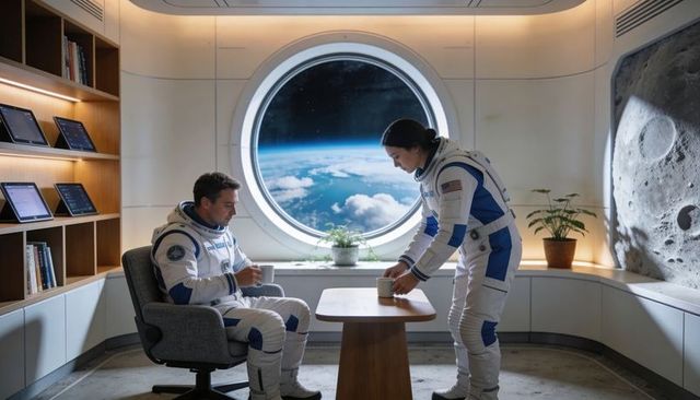 Astronauts sharing coffee in orbital cabin with earth view round porthole, crewmates relaxing