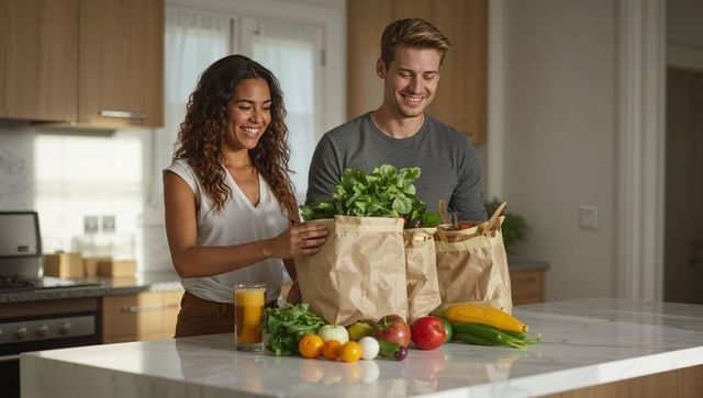 Young couple unpacking groceries and arranging fresh produce on modern kitchen island
