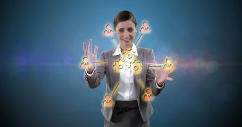 Businesswoman engaging with virtual network icons in digital interface