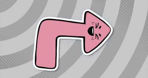 Playful pink arrow with surprised face on grey background