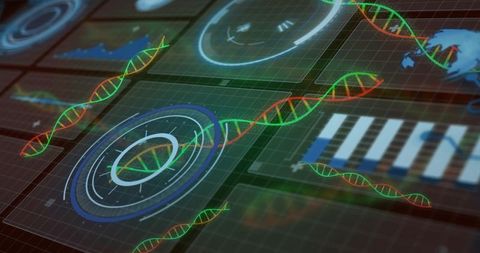 Futuristic DNA Visualization on Digital Analytics Interface