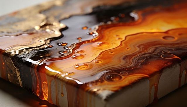 Flowing amber resin over gilded canvas panel with marbled gold drips and glossy bubbles