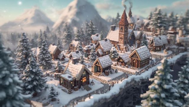 Snowy alpine miniature village on cliff with timber cottages and church tower, cozy glow
