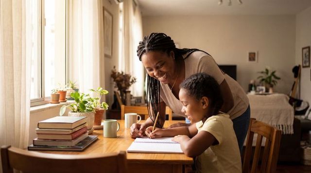 Smiling mother helping daughter writing homework at sunlit wooden table